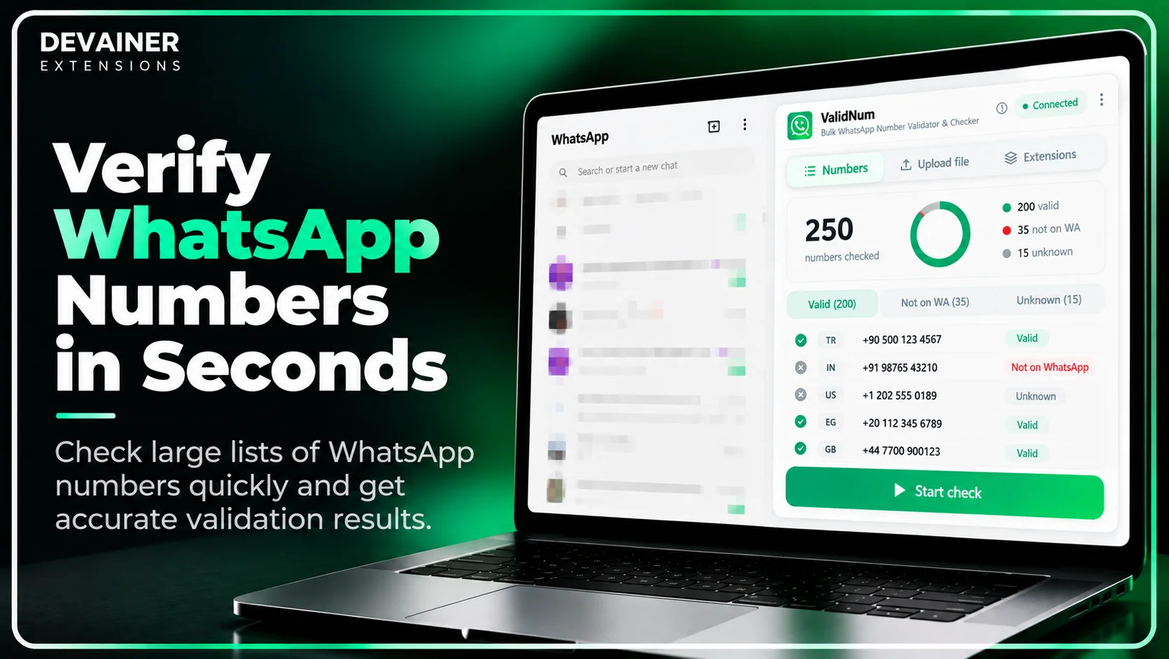 ValidNum bulk WhatsApp number validator showing phone number verification results, valid and invalid contacts, and automated list cleaning.