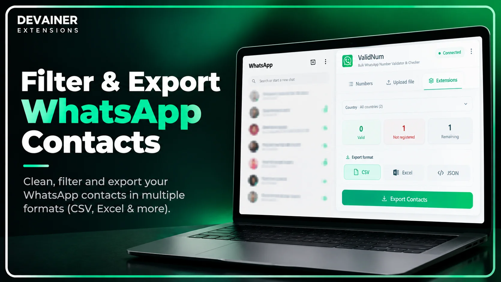 ValidNum WhatsApp number validator showing country filtering, verified contact results, and Excel and CSV export options for contact list management.
