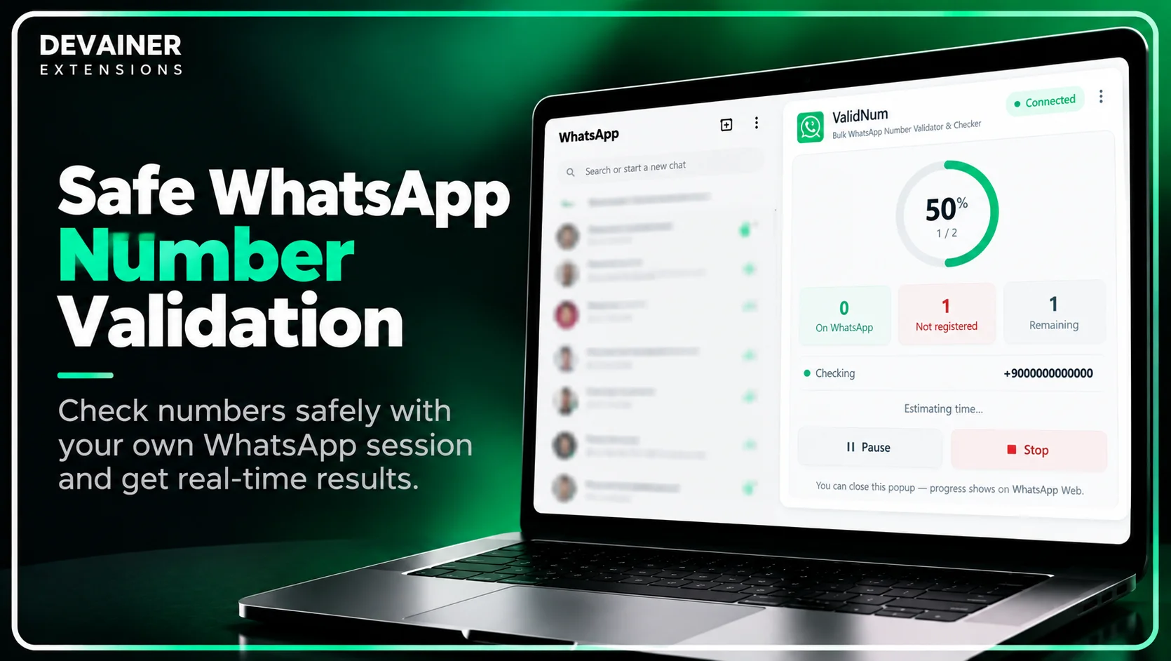 ValidNum safe WhatsApp number validation showing real-time checking progress, account verification results, and pause and stop controls within WhatsApp Web.