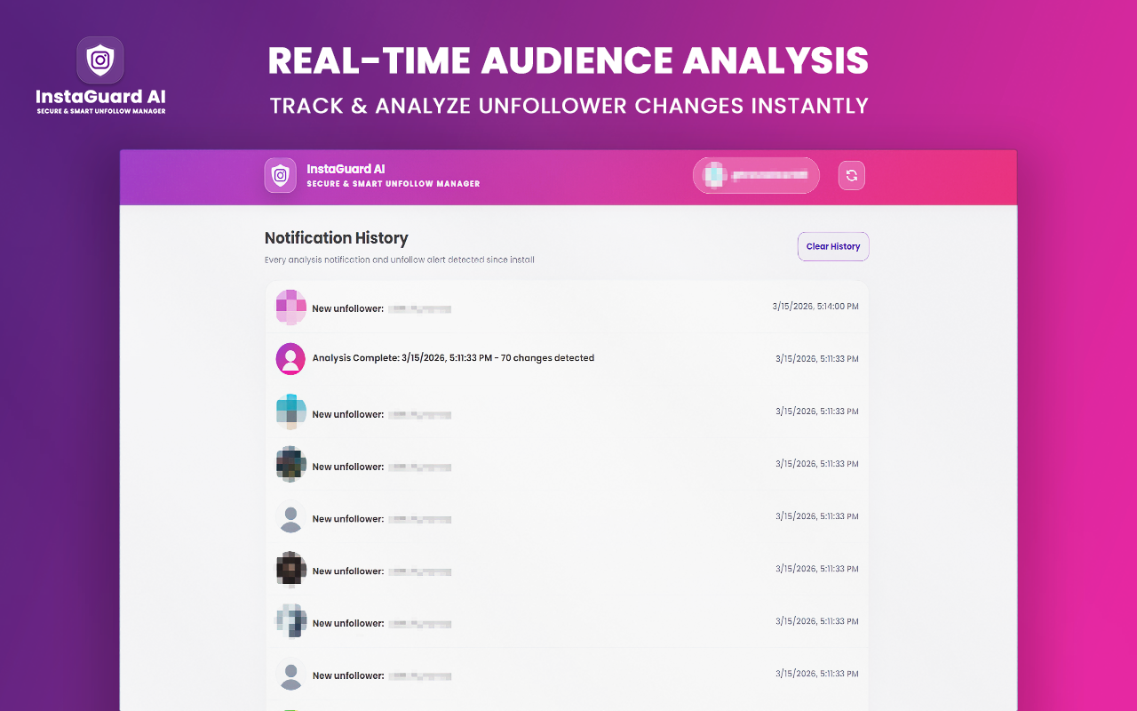 A mockup of the InstaGuard AI dashboard interface displaying user metrics with 3,340 followers, 304 following, and 288 unfollowers. The dashboard features action buttons like Unfollow All Non-Followers, a delay configuration input set to 120 seconds, and a detailed profile table layout, set against a vibrant pink gradient background banner.
